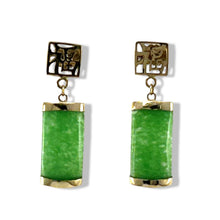 Load image into Gallery viewer, 14K Yellow Gold "Good Fortune" Dangle Green Jade Oriental Earrings
