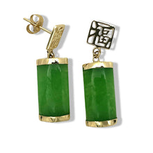 Load image into Gallery viewer, 14K Yellow Gold "Good Fortune" Dangle Green Jade Oriental Earrings