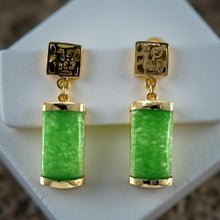 Load image into Gallery viewer, 14K Yellow Gold "Good Fortune" Dangle Green Jade Oriental Earrings