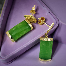 Load image into Gallery viewer, 14K Yellow Gold "Good Fortune" Dangle Green Jade Oriental Earrings