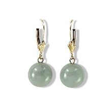 Load image into Gallery viewer, 14K Yellow Gold Leverback Bean Green Jade Drop Earrings