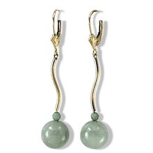 Load image into Gallery viewer, 14K Yellow Gold Celadon Green Jadeite Dangling Leverback Earrings