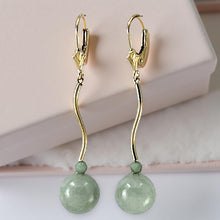 Load image into Gallery viewer, 14K Yellow Gold Celadon Green Jadeite Dangling Leverback Earrings