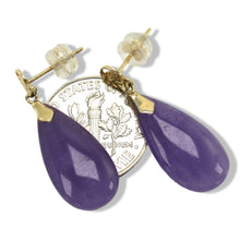 Load image into Gallery viewer, 14K Yellow Gold Blessing Dangle Flat Raindrop Lavender Jade Earrings