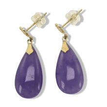 Load image into Gallery viewer, 14K Yellow Gold Blessing Dangle Flat Raindrop Lavender Jade Earrings