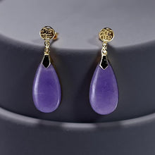 Load image into Gallery viewer, 14K Yellow Gold Blessing Dangle Flat Raindrop Lavender Jade Earrings