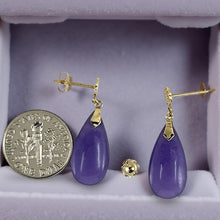 Load image into Gallery viewer, 14K Yellow Gold Blessing Dangle Flat Raindrop Lavender Jade Earrings