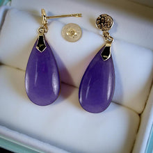 Load image into Gallery viewer, 14K Yellow Gold Blessing Dangle Flat Raindrop Lavender Jade Earrings