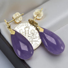 Load image into Gallery viewer, 14K Yellow Gold Blessing Dangle Flat Raindrop Lavender Jade Earrings
