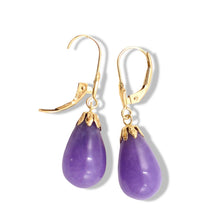 Load image into Gallery viewer, 14K Yellow Gold Leverback Lavender Jade Dangle Earrings