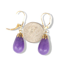 Load image into Gallery viewer, 14K Yellow Gold Leverback Lavender Jade Dangle Earrings