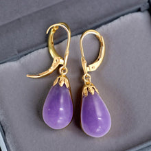 Load image into Gallery viewer, 14K Yellow Gold Leverback Lavender Jade Dangle Earrings