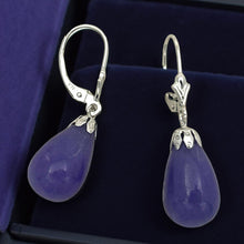 Load image into Gallery viewer, 14K White Gold Leverback Purple Jade Dangle Earrings