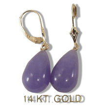 Load image into Gallery viewer, 14K Yellow Gold Leverback Raindrop Lavender Jade Earrings