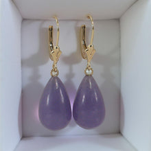 Load image into Gallery viewer, 14K Yellow Gold Leverback Raindrop Lavender Jade Earrings