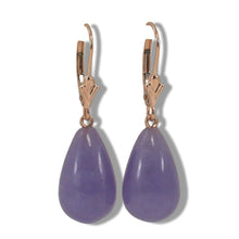 Load image into Gallery viewer, 14K Rose Gold Leverback Raindrop Purple Jade Earrings
