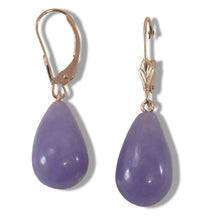 Load image into Gallery viewer, 14K Rose Gold Leverback Raindrop Purple Jade Earrings