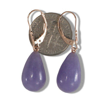 Load image into Gallery viewer, 14K Rose Gold Leverback Raindrop Purple Jade Earrings