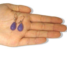 Load image into Gallery viewer, 14K Rose Gold Leverback Raindrop Purple Jade Earrings