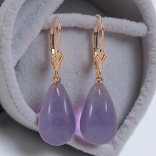 Load image into Gallery viewer, 14K Rose Gold Leverback Raindrop Purple Jade Earrings