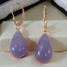 Load image into Gallery viewer, 14K Rose Gold Leverback Raindrop Purple Jade Earrings