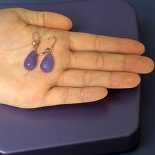 Load image into Gallery viewer, 14K Rose Gold Leverback Raindrop Purple Jade Earrings