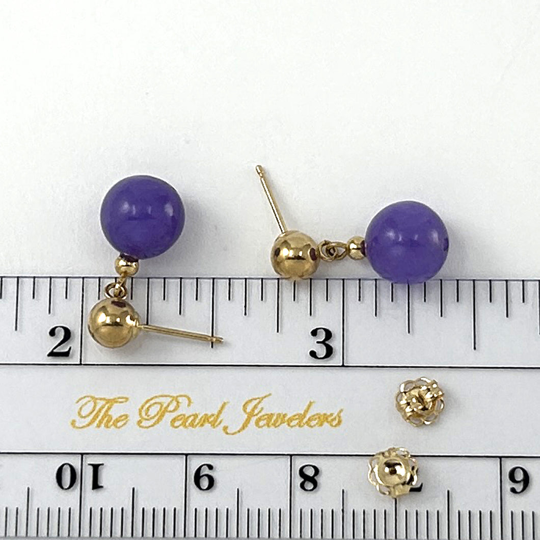 1101162 14KT SOLID YELLOW GOLD 5MM BALL DANGLE PURPLE JADE POST EARRINGS