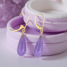Load image into Gallery viewer, 14K Yellow Gold Leverback Purple Jade Drop Earrings