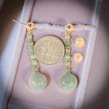 Load image into Gallery viewer, 14K Yellow Gold Celadon Green Jadeite Dangling Earrings