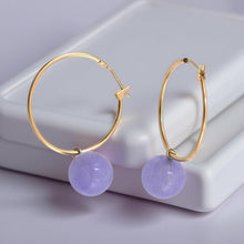 Load image into Gallery viewer, 14K Yellow Gold Lavender Jade Hoop Drop Earrings