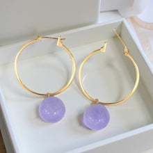 Load image into Gallery viewer, 14K Yellow Gold Lavender Jade Hoop Drop Earrings