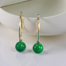 Load image into Gallery viewer, Vintage 14kt Yellow Gold Green Jade Hoop Earrings