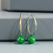 Load image into Gallery viewer, Vintage 14kt Yellow Gold Green Jade Hoop Earrings