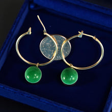 Load image into Gallery viewer, Vintage 14kt Yellow Gold Green Jade Hoop Earrings