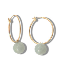 Load image into Gallery viewer, 14K Yellow Gold Celadon Green Jade Hoop Earrings