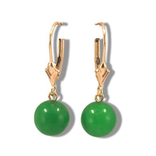 Load image into Gallery viewer, 14K Yellow Gold Leverback Round Green Jade Drop Earrings