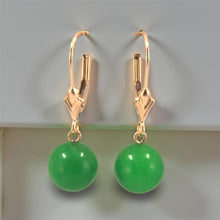 Load image into Gallery viewer, 14K Yellow Gold Leverback Round Green Jade Drop Earrings