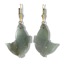 Load image into Gallery viewer, 14K Yellow Gold “Good Fortune” Pale Green Carp Jade Earrings