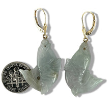 Load image into Gallery viewer, 14K Yellow Gold “Good Fortune” Pale Green Carp Jade Earrings