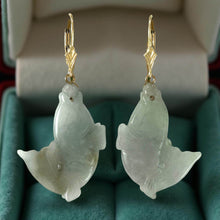 Load image into Gallery viewer, 14K Yellow Gold “Good Fortune” Pale Green Carp Jade Earrings