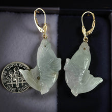 Load image into Gallery viewer, 14K Yellow Gold “Good Fortune” Pale Green Carp Jade Earrings