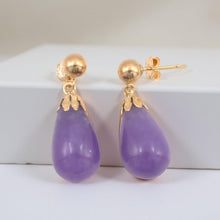 Load image into Gallery viewer, 14K Yellow Gold Lavender Jade Pear Drop Earrings