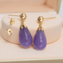 Load image into Gallery viewer, 14K Yellow Gold Lavender Jade Pear Drop Earrings