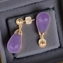 Load image into Gallery viewer, 14K Yellow Gold Lavender Jade Pear Drop Earrings