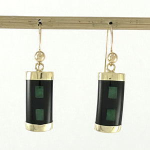 1102226 14KT SOLID YELLOW GOLD JADE & BLACK ONYX DANGLES HOOK EARRINGS