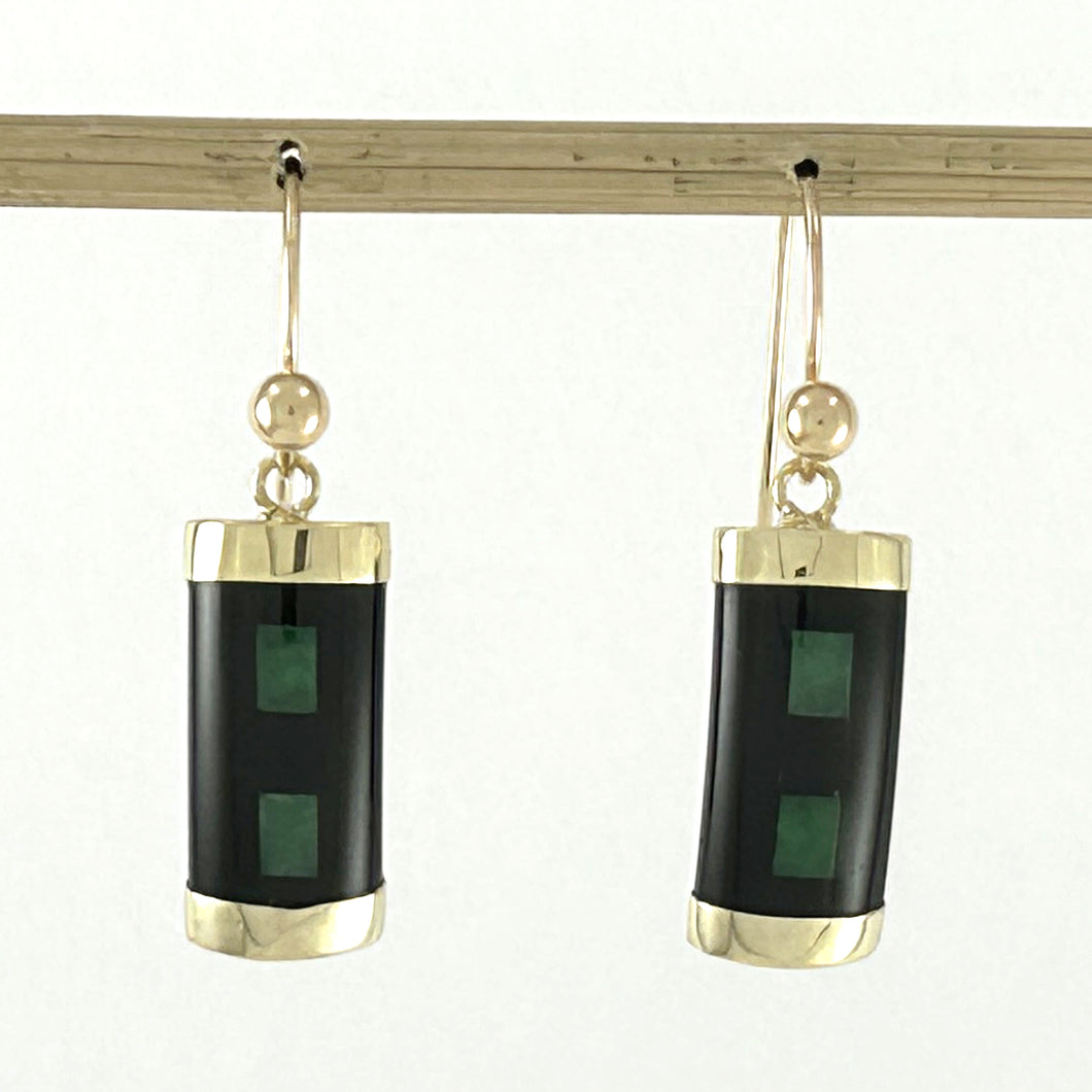 1102226 14KT SOLID YELLOW GOLD JADE & BLACK ONYX DANGLES HOOK EARRINGS