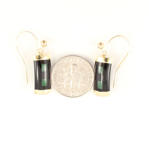 1102226 14KT SOLID YELLOW GOLD JADE & BLACK ONYX DANGLES HOOK EARRINGS