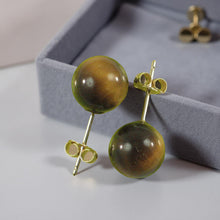 Load image into Gallery viewer, 14K Yellow Gold Brown Tiger Eye Stud Earrings