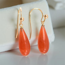 Load image into Gallery viewer, 14K Yellow Gold Red Jade Hook Earrings