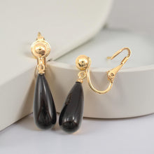Load image into Gallery viewer, Gold-Filled Raindrop Black Onyx Clip Earrings